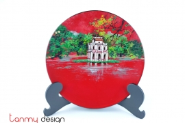 Red round lacquer dish hand-painted with Sword Lake included with stand 25 cm